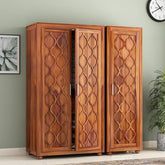 ONIJA Wooden 3 Door Wardrobe for Clothes with 2 Drawer 6 Shelf Storage & Hanging Space - Sheesham Wood Almirah for Bedroom - HONEY FINISH